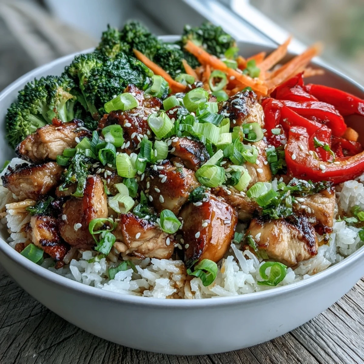 A steaming bowl of hearty Chicken and Rice Bowl featuring juicy chicken, colorful veggies, and fluffy grains, perfect for a quick and wholesome weeknight dinner.