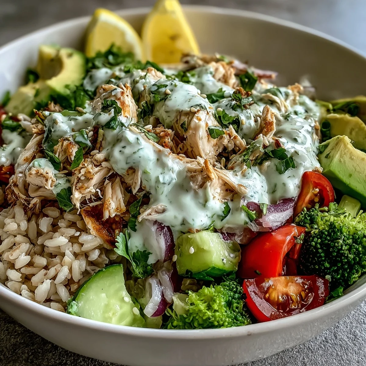 A vibrant Rotisserie Chicken Bowl with avocado, cherry tomatoes, and steamed broccoli over fluffy brown rice, drizzled with creamy tzatziki sauce.