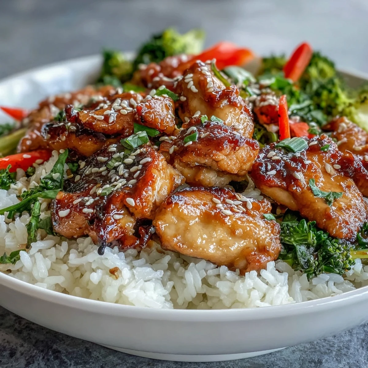 Golden-brown honey garlic chicken pieces glazed in a sticky sauce, served over fluffy white rice with steamed broccoli, carrots, and red bell peppers, sprinkled with toasted sesame seeds.