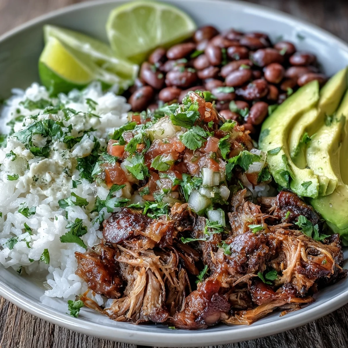 A close-up view of a Carnitas Bowl featuring crispy-edged pork, hearty pinto beans, and fresh pico de gallo, served with lime wedges for squeezing.