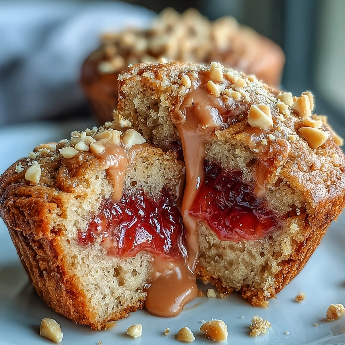 Golden Peanut Butter and Guava Muffins cool on a wire rack, topped with chopped roasted peanuts.