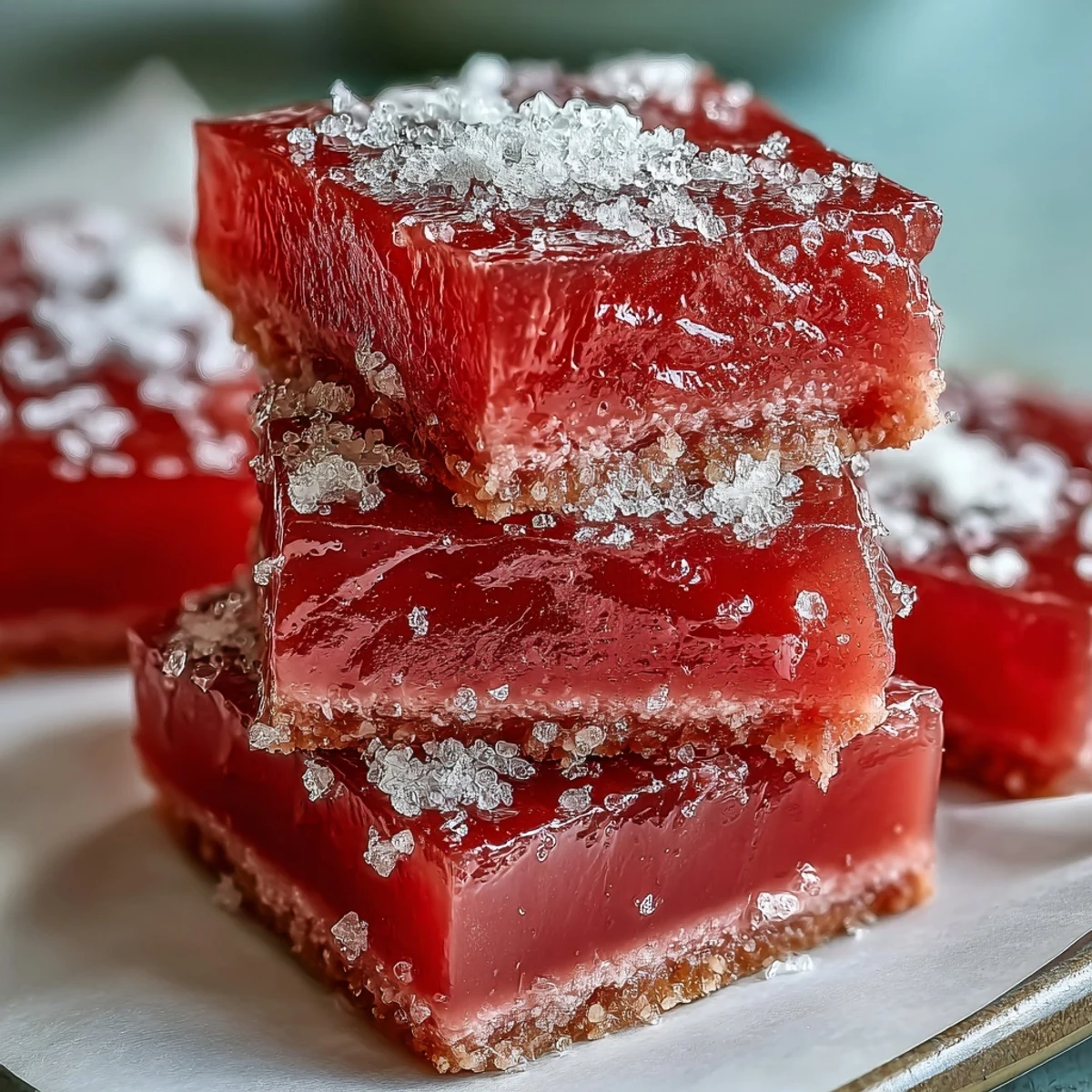 Warm, jewel-toned Guava Cheese squares dusted with superfine sugar on a rustic wooden board.