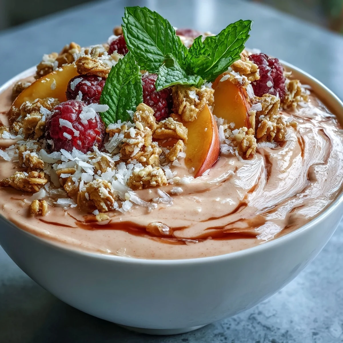 Spoon-ready guava and mango smoothie bowl filled with vibrant fresh berries, chia seeds, and gluten-free granola for a nourishing snack.