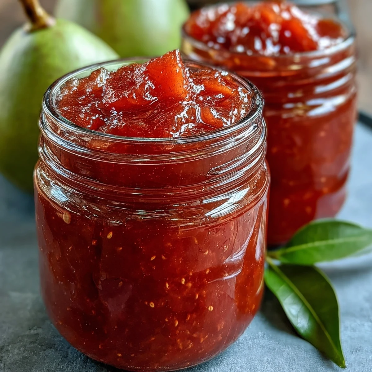 A cheese board features Guava Preserves beside creamy brie, sliced baguette, and fresh mint leaves.