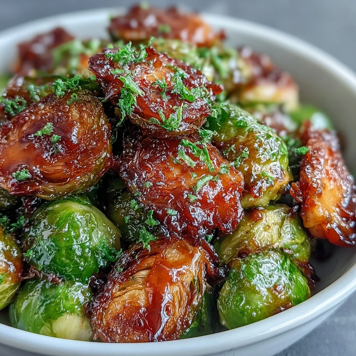 Garnished with zest, Irresistible Orange Maple Glazed Brussels Sprouts served hot alongside a juicy roasted chicken dinner.