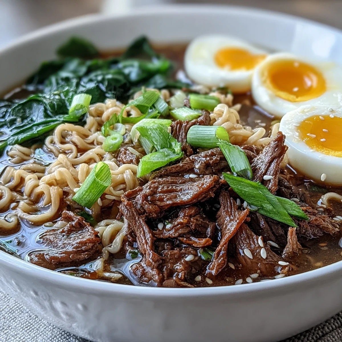 Slow Cooker Beef Ramen Noodles in a rustic bowl, featuring tender shredded beef, wilted spinach, and chopped green onions.