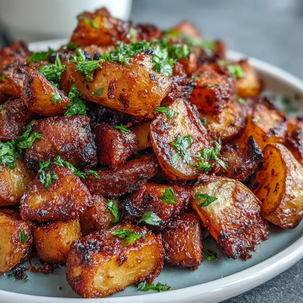 Golden crispy Spicy Mexican-Style Street Potatoes in a smoky red sauce with fresh cilantro garnish.