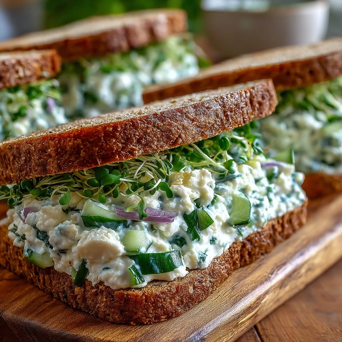 The Easy Cucumber Salad Sandwiches feature creamy Greek yogurt, crumbled feta, and fresh dill on thick-cut bread.
