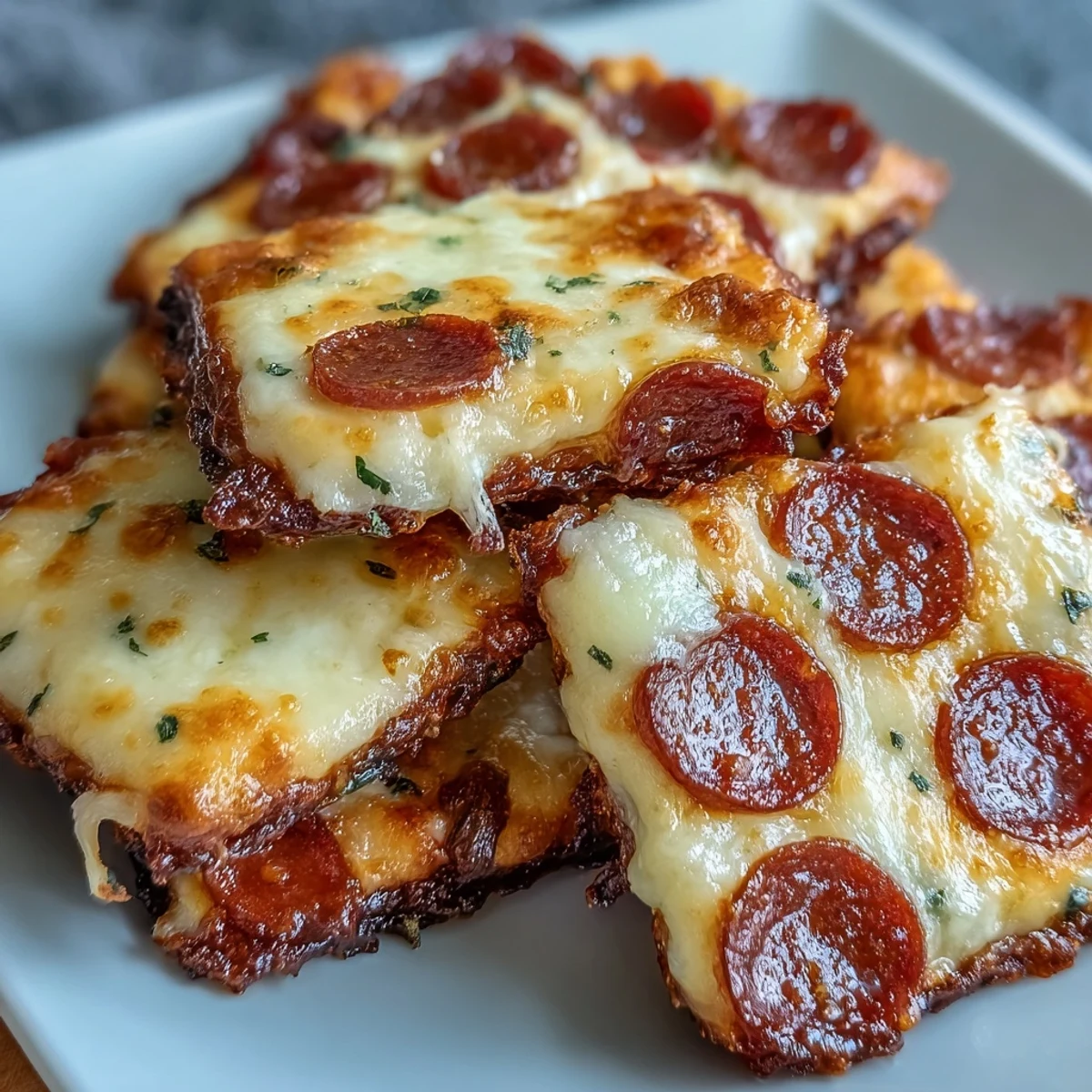 A close-up view of Pepperoni Cheese Crisps, showing melted mozzarella and cheddar on savory pepperoni slices.