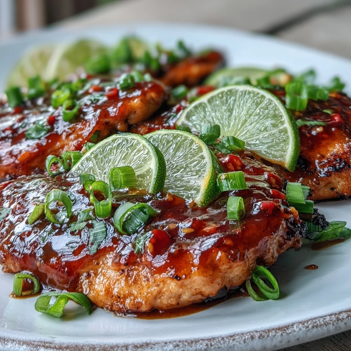 Tender Thai Sweet Chili Chicken served over jasmine rice, garnished with fresh green onions and lime wedges.