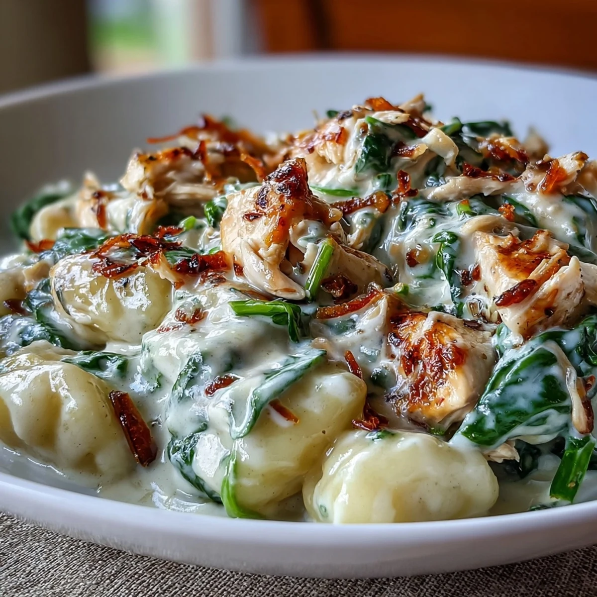 In a rustic skillet, Creamy Spinach & Parmesan Gnocchi with Chicken combines fluffy dumplings and juicy poultry in a velvety Parmesan sauce for a comforting meal.