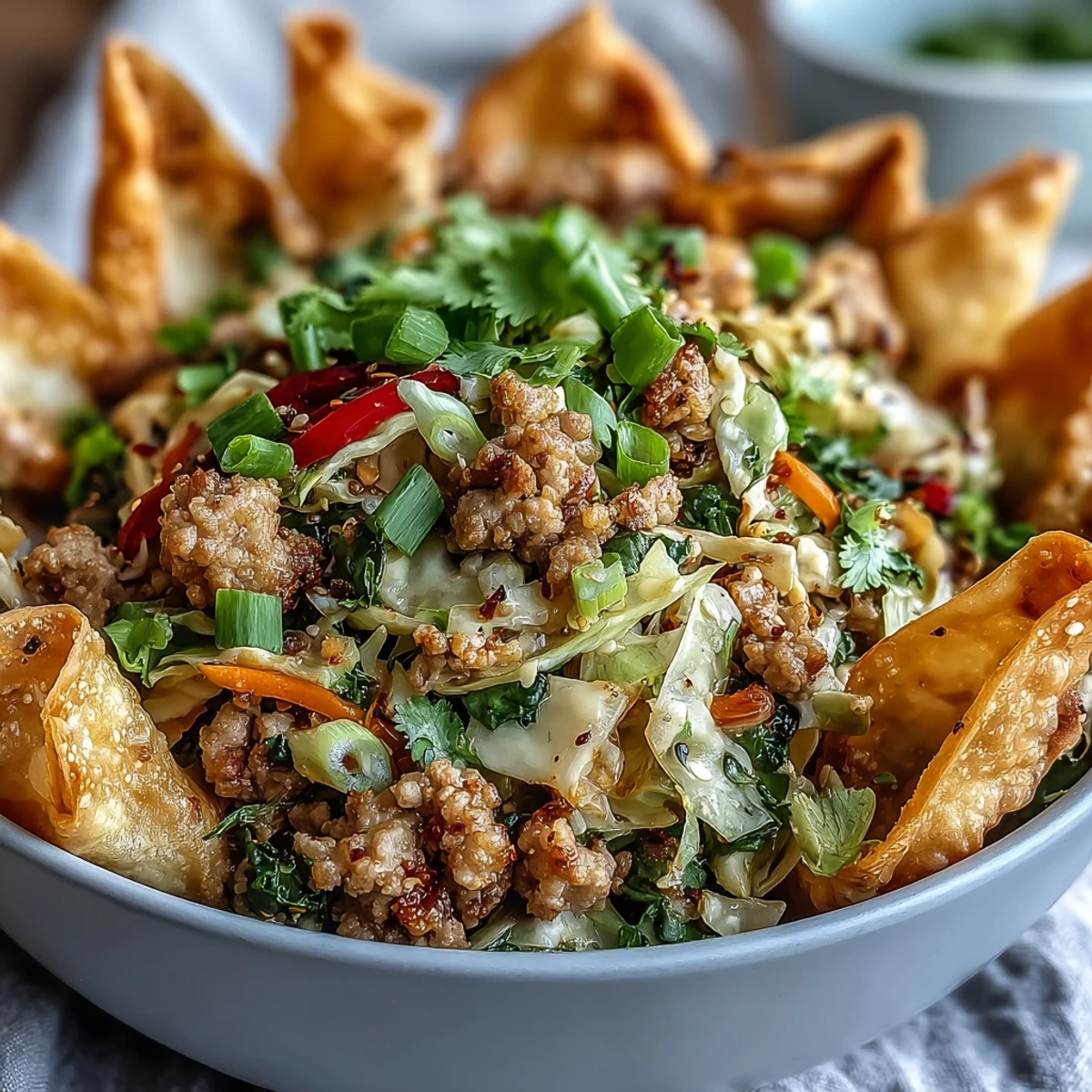 A close-up of Ranch Turkey & Veggie Egg Roll Bowls, featuring sautéed ground turkey, crisp coleslaw mix, and red bell peppers. The colorful main dish is topped with crunchy wonton strips and fresh green onions, served in a white ceramic bowl.