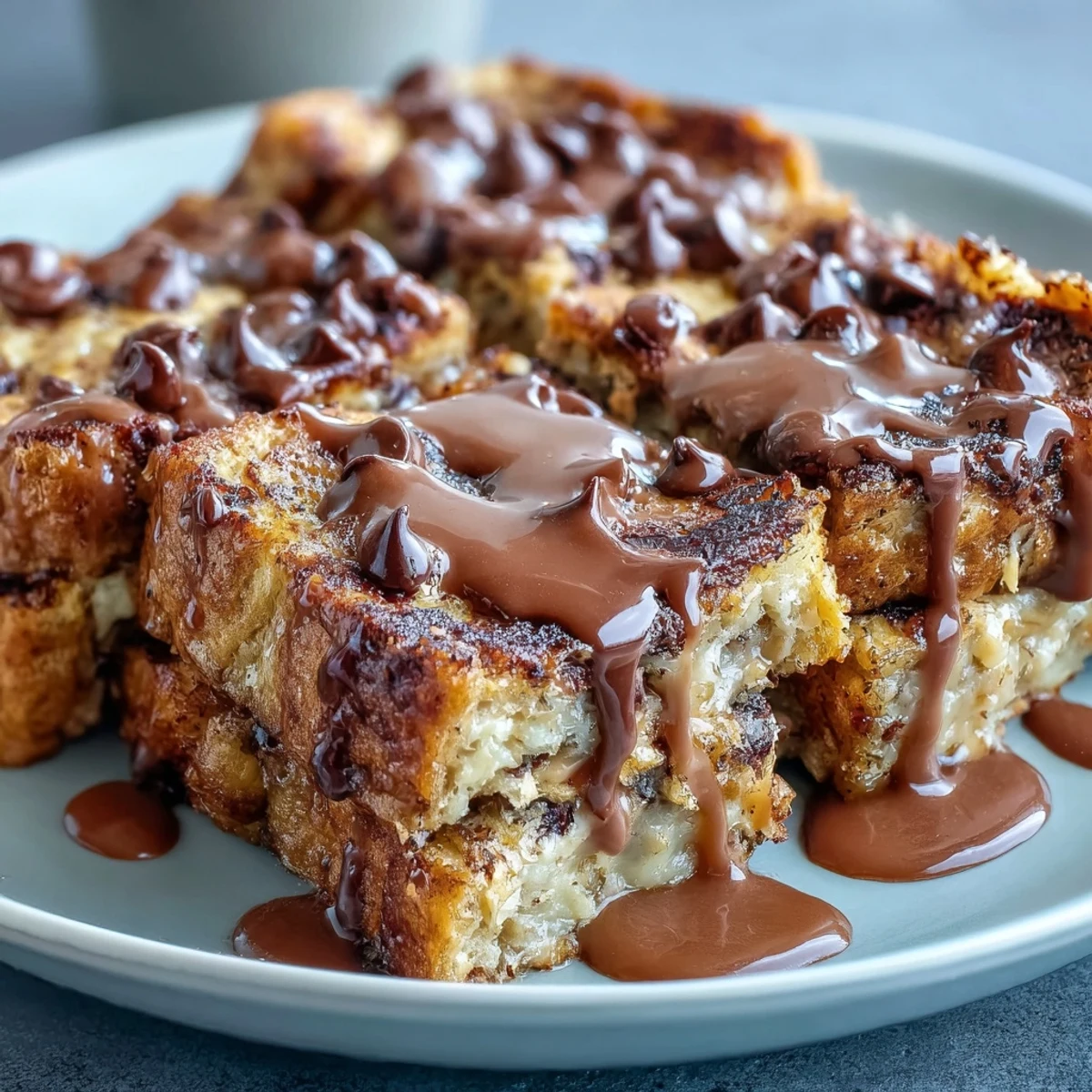 A close-up of a slice of High-Protein Peanut Butter & Chocolate Baked French Toast with fresh berries and chocolate chips.