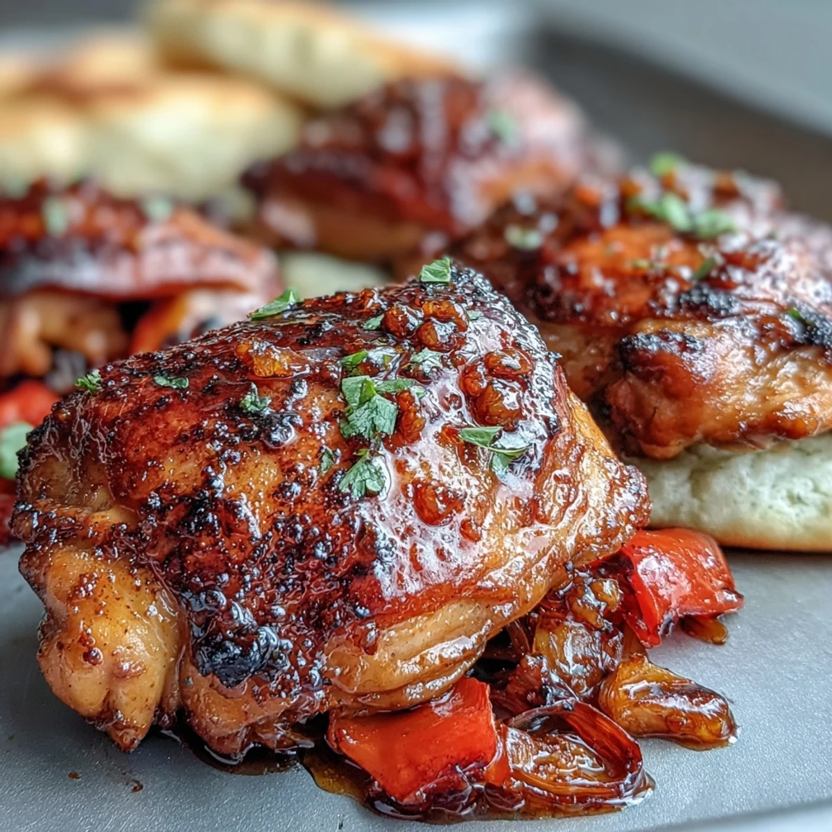 Golden-brown Sheet Pan Honey Garlic Chicken thighs with roasted bell peppers and red onion, alongside warm naan bread brushed with sauce.