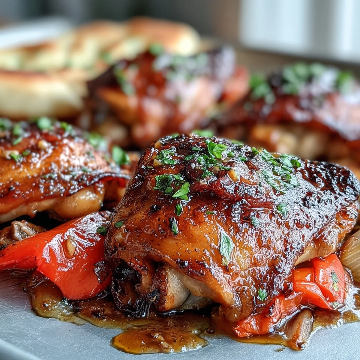 Sheet Pan Honey Garlic Chicken and naan plated with fresh cilantro and lemon wedges, a vibrant family-friendly dinner.