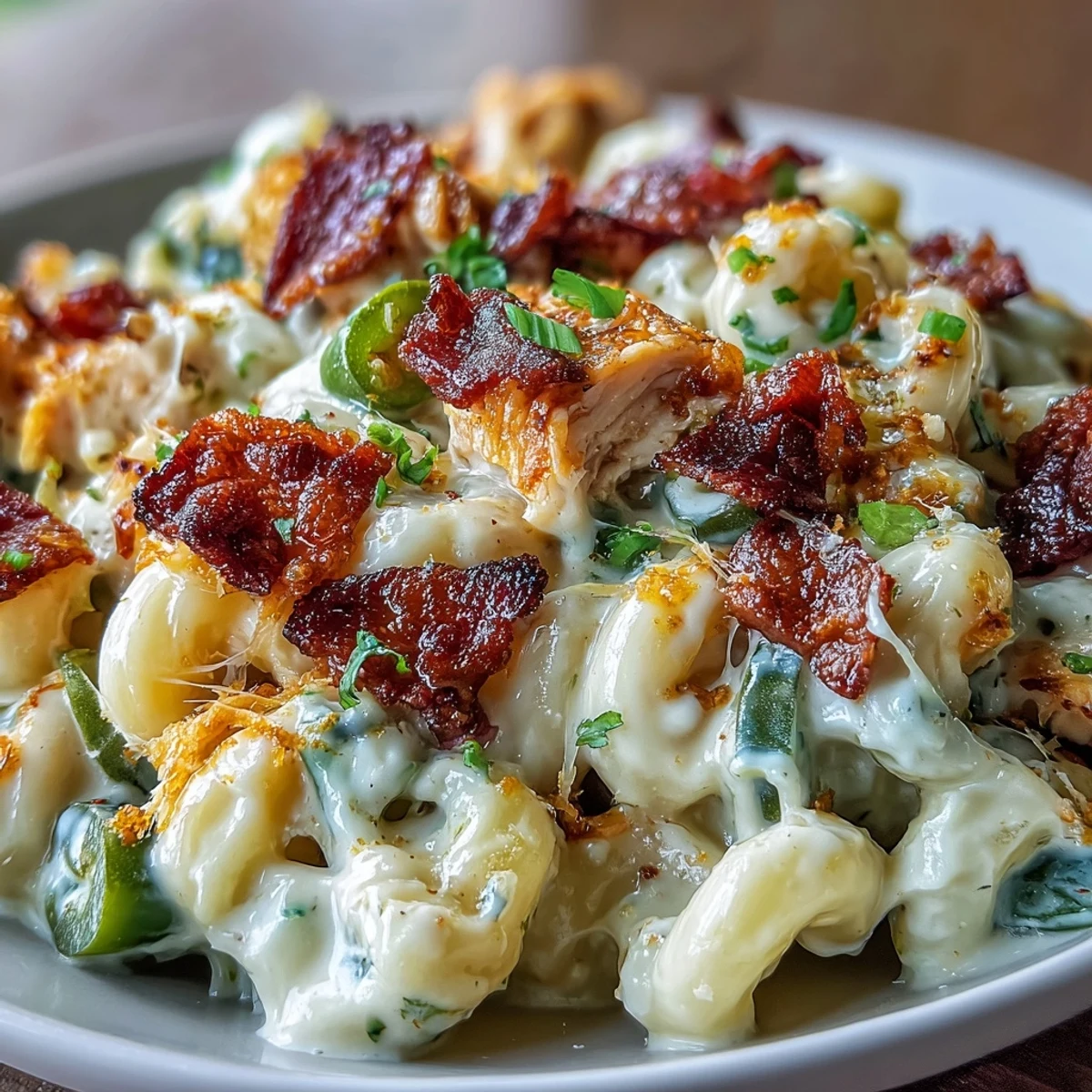 Creamy Jalapeño Popper Chicken Pasta in a white bowl, topped with crispy bacon, melted cheese, and fresh chives.