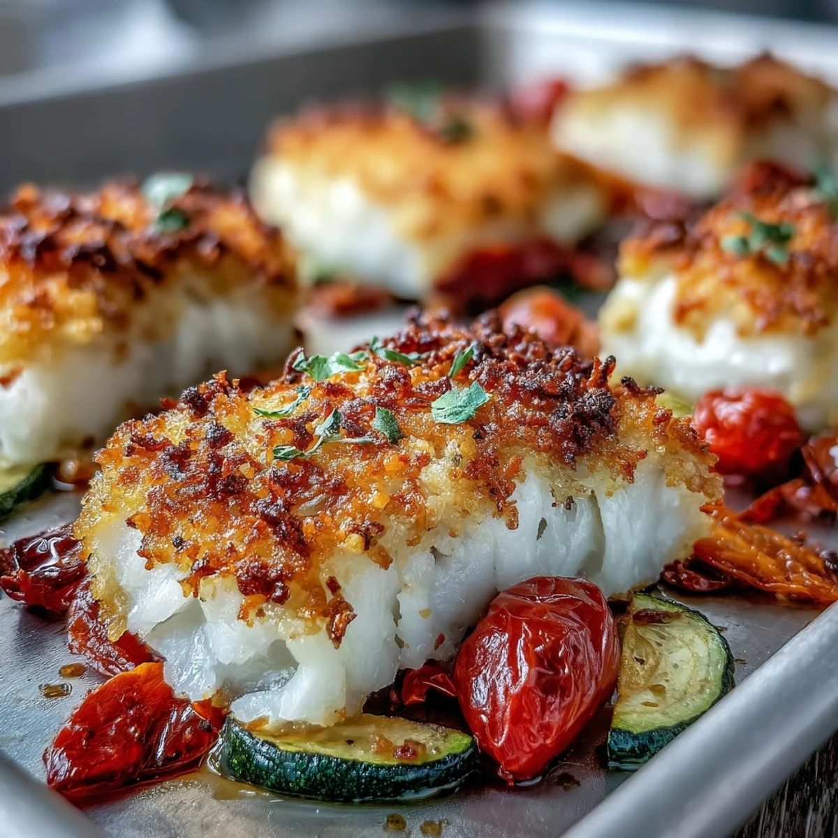 Golden Parmesan Crusted Sheet Pan Fish & Veg with roasted bell peppers and zucchini on a rustic table.