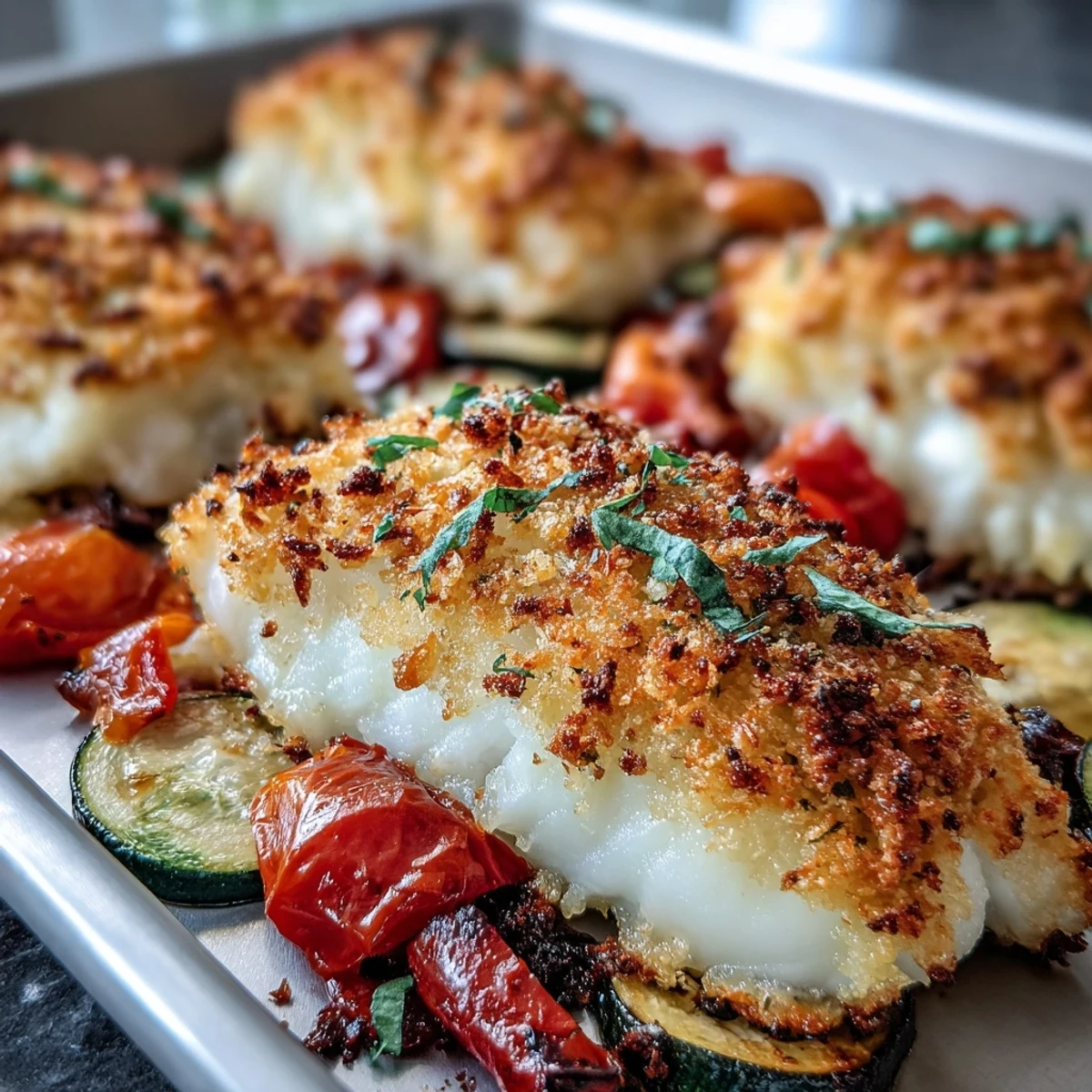 One-pan meal of Parmesan Crusted Sheet Pan Fish & Veg garnished with parsley and lemon wedges.