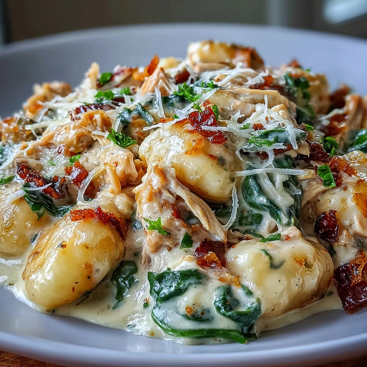 Creamy Spinach & Parmesan Gnocchi with Chicken served in a rustic white bowl, garnished with fresh parsley and extra Parmesan.