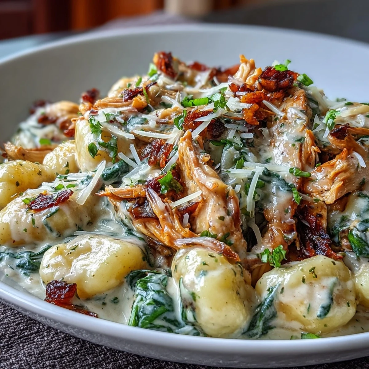 Tender gnocchi and shredded chicken in a garlic Parmesan cream sauce, with vibrant green spinach leaves wilting into the mixture.
