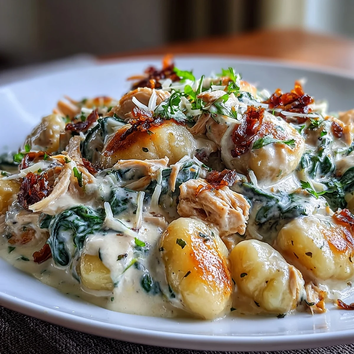 A comforting skillet of Creamy Spinach & Parmesan Gnocchi with Chicken, perfect for a quick Italian-inspired weeknight dinner.