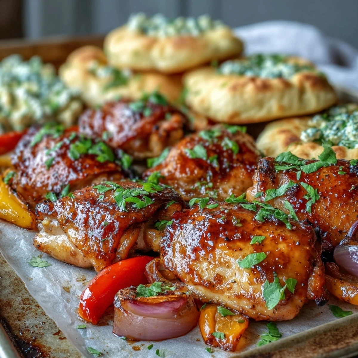 Close-up of glazed Sheet Pan Honey Garlic Chicken thighs with charred edges and warm garlic naan brushed with butter and fresh cilantro on a baking sheet.