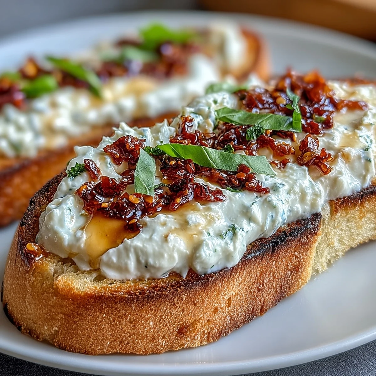 Savory bruschetta with warm baguette, whipped ricotta, and crunchy chili topping, perfect for parties or appetizers.