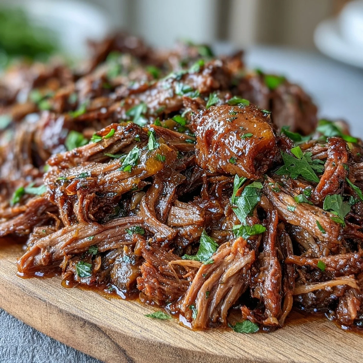 Slow-cooked Mississippi-Style Ranch Beef with tender shredded meat, rich au jus gravy, and tangy pepperoncini peppers on a plate.