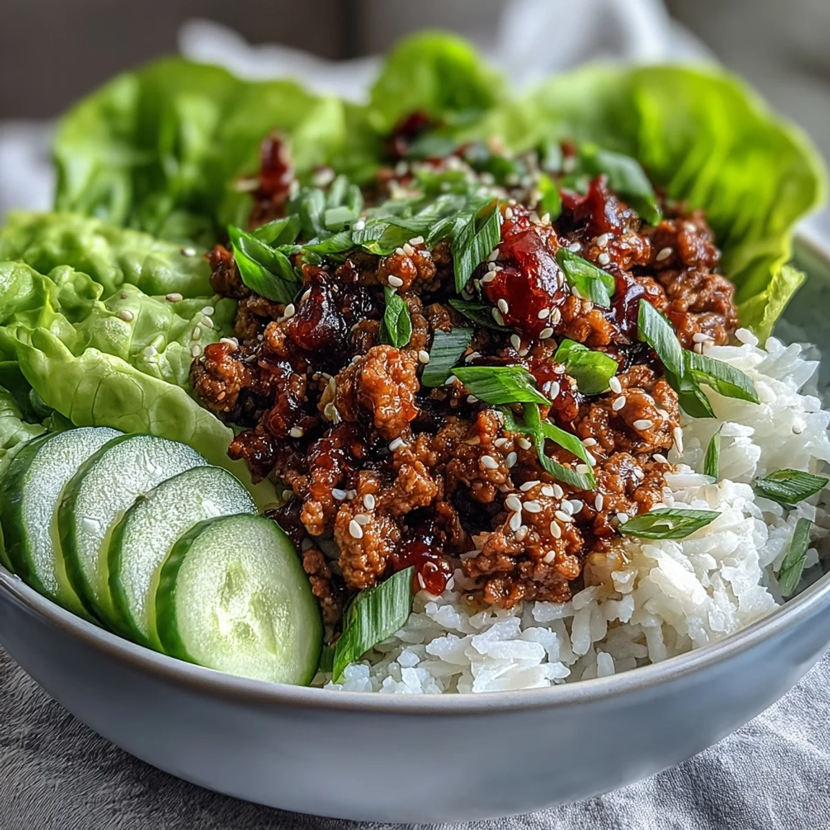 Sesame Turkey Lettuce Wrap Bowls served over fluffy rice with crisp lettuce, cool cucumber ribbons, and carrot matchsticks for a fresh, vibrant meal.
