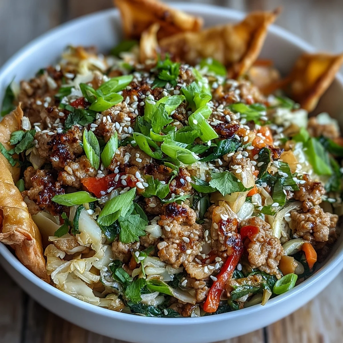 Hearty Ranch Turkey & Veggie Egg Roll Bowl topped with crunchy wonton strips and sesame seeds.