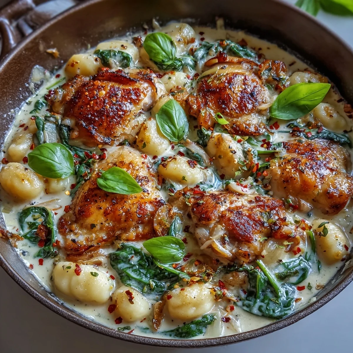 One-Pan Creamy Garlic Chicken Gnocchi is served hot, garnished with extra Parmesan cheese.
