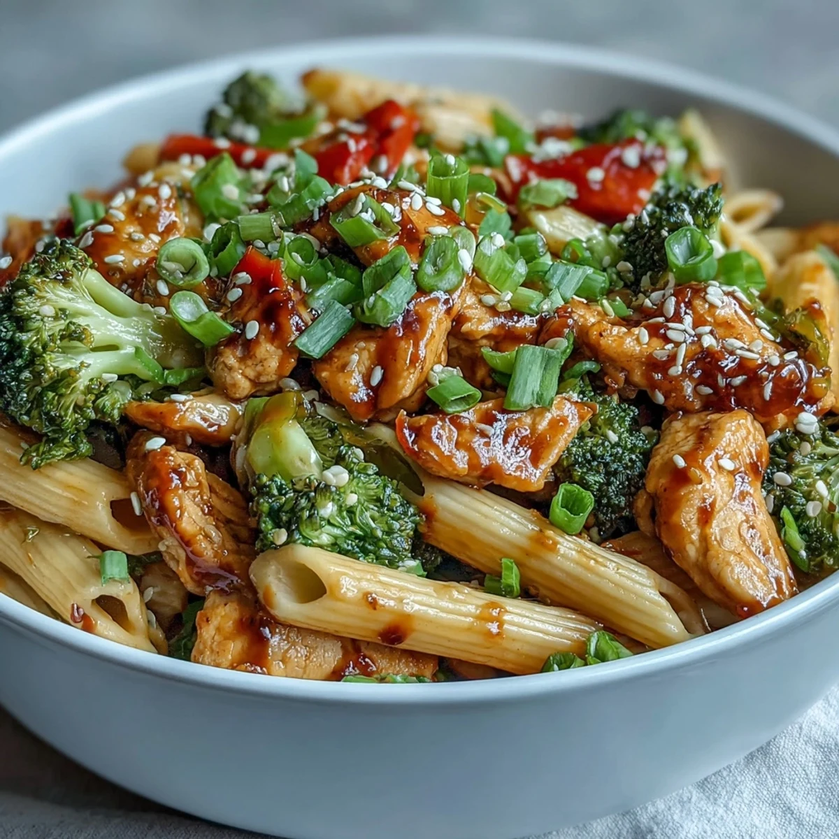 Forkful of sweet and spicy turkey broccoli pasta with tender penne, bright green broccoli, and red bell peppers in a glossy sauce.