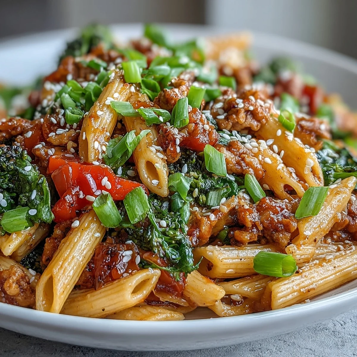 Close-up of sweet and spicy turkey broccoli pasta, highlighting juicy ground turkey, crisp broccoli florets, and saucy penne ready to serve.