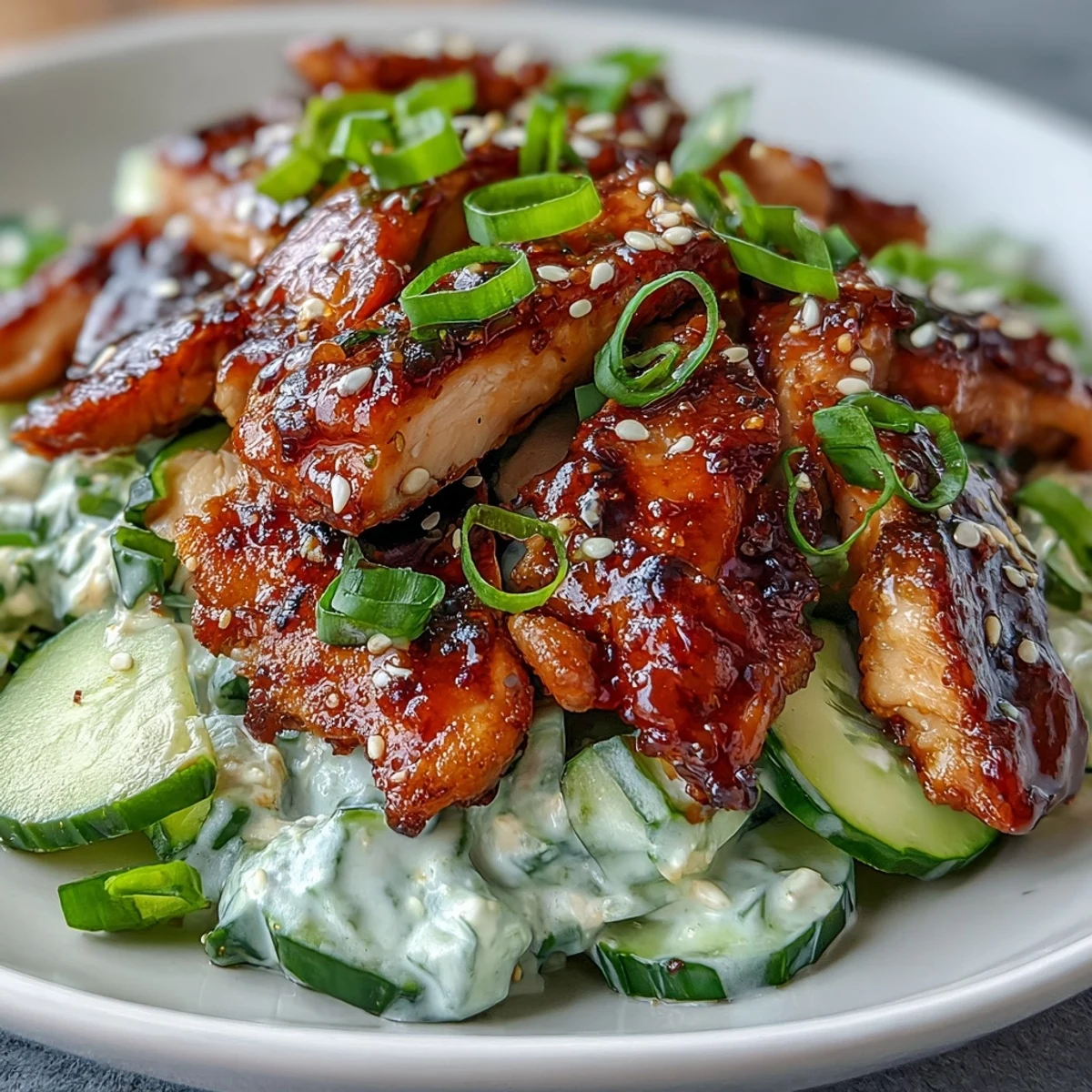 A close-up reveals juicy chicken pieces coated in soy-ginger marinade alongside crisp cucumber slices and vibrant cilantro garnish.