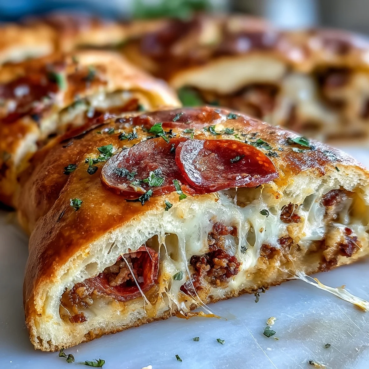 Freshly baked Baked High-Protein Pepperoni Stromboli rests on a wooden board with parsley garnish, steam rising from the golden crust.