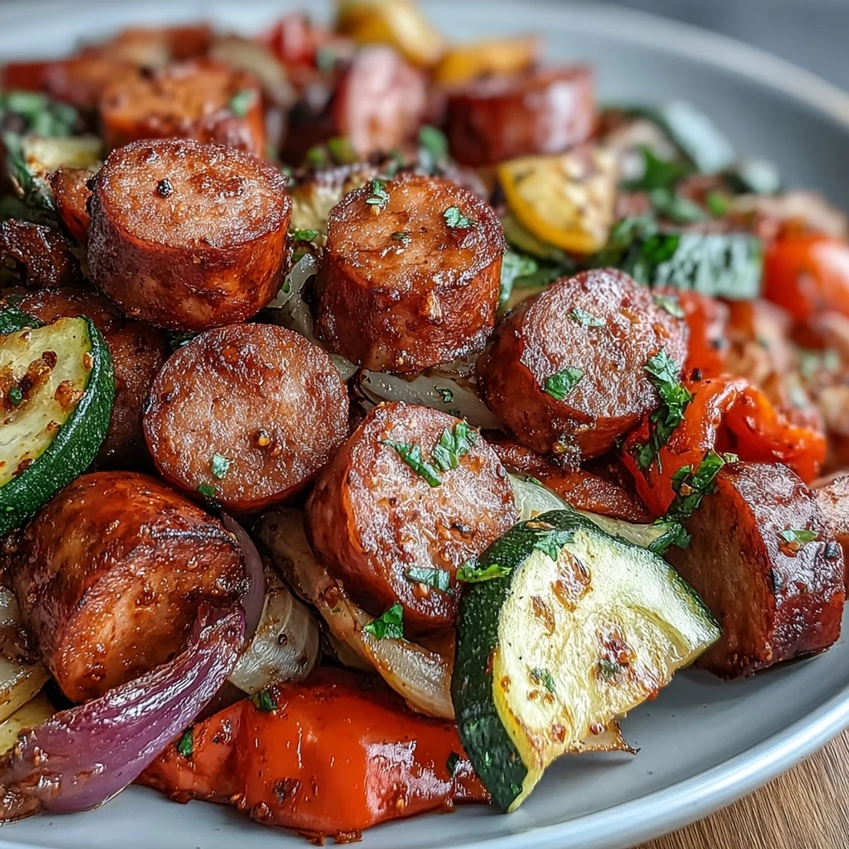 Roasted Smoky Sheet Pan Sausage & Veggies with Naan served hot with colorful peppers and onions on a platter.