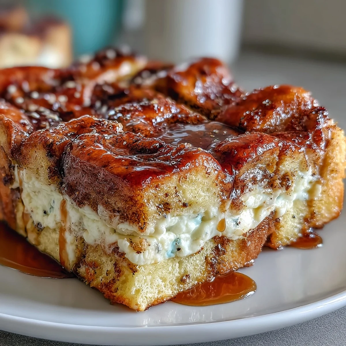 Freshly baked Cream Cheese Swirl Cinnamon Roll French Toast Bake with a golden crust and oozing creamy filling.