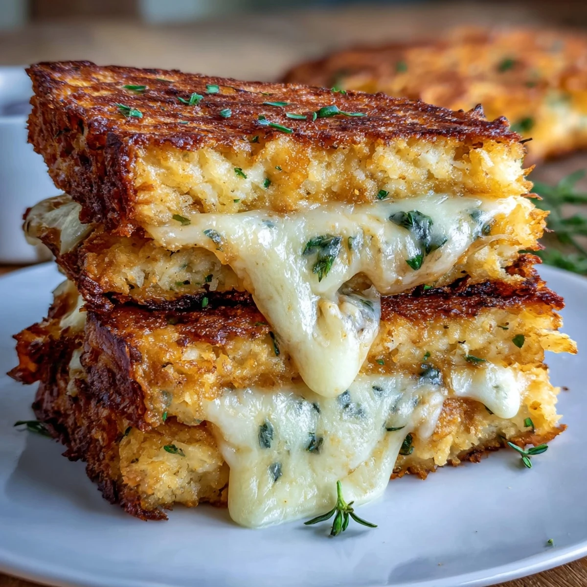 The toasted, golden surface of a Keto Cheesy Cauliflower Bread Grilled Cheese highlights the rich, melted cheese filling.