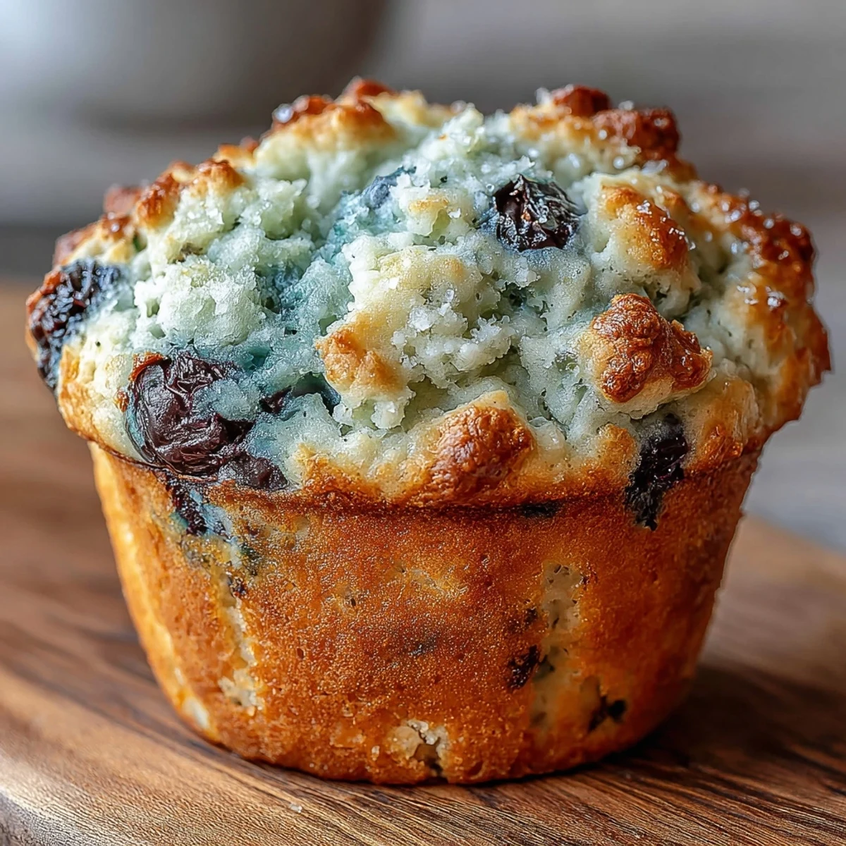 Freshly baked Vegan Blueberry Lemon Protein Muffins rise high with golden tops and juicy berries peeking through.