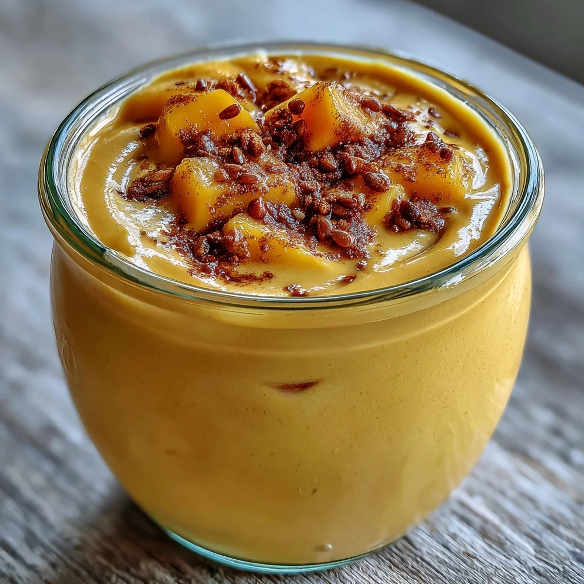 Creamy Vegan Mango Turmeric Golden Milk Smoothie poured into a glass with chia seeds on top.