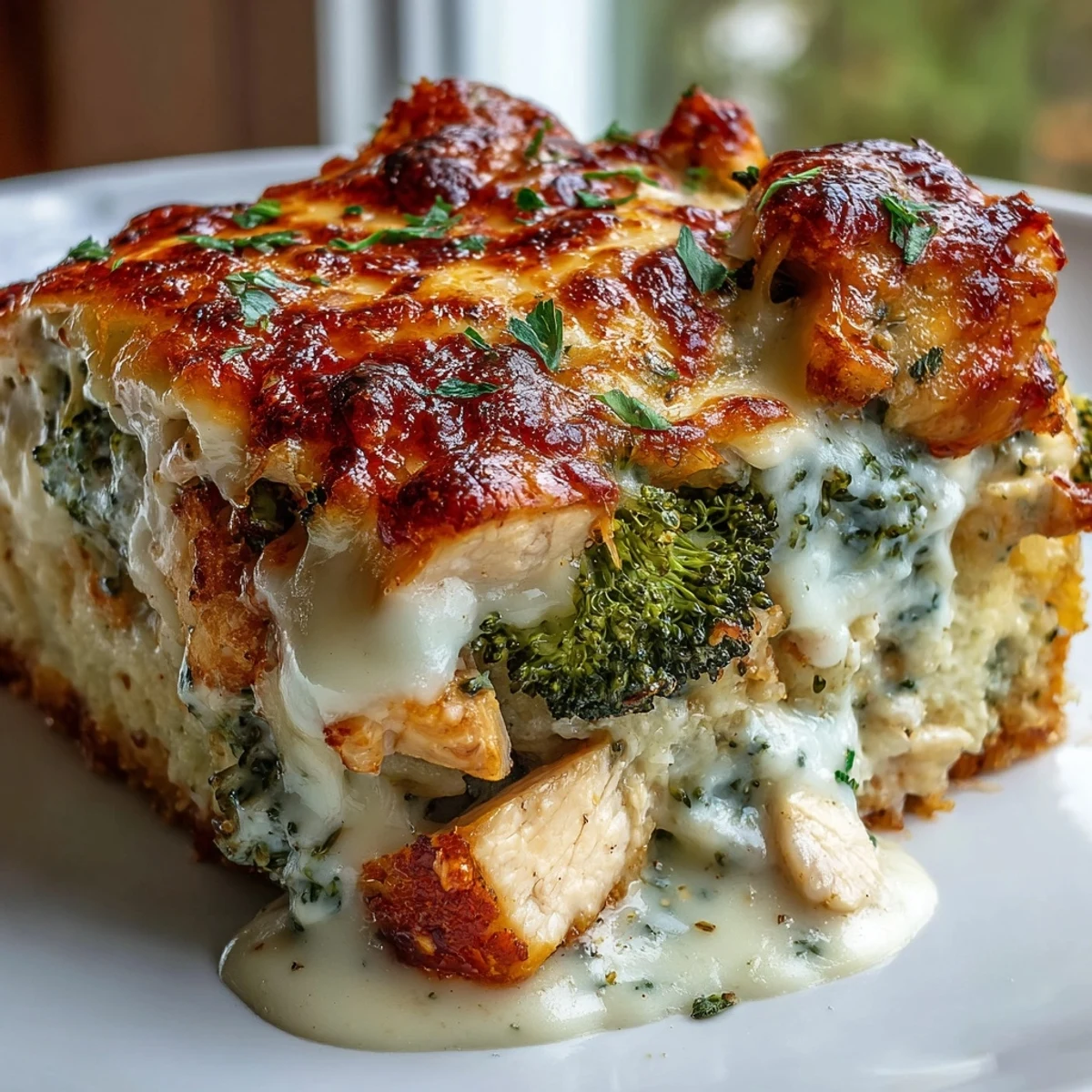 Freshly baked Keto Creamy Chicken and Broccoli Casserole bubbling with melted cheddar and mozzarella in a ceramic dish.