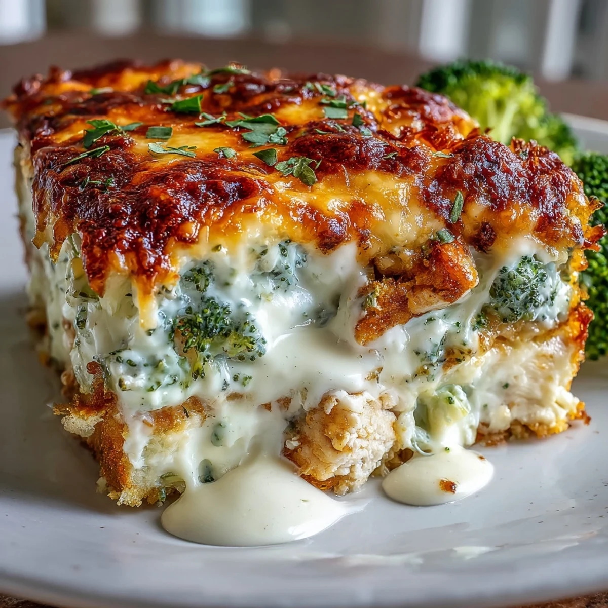 Golden-brown top of low-carb Keto Creamy Chicken and Broccoli Casserole served alongside a crisp green salad.