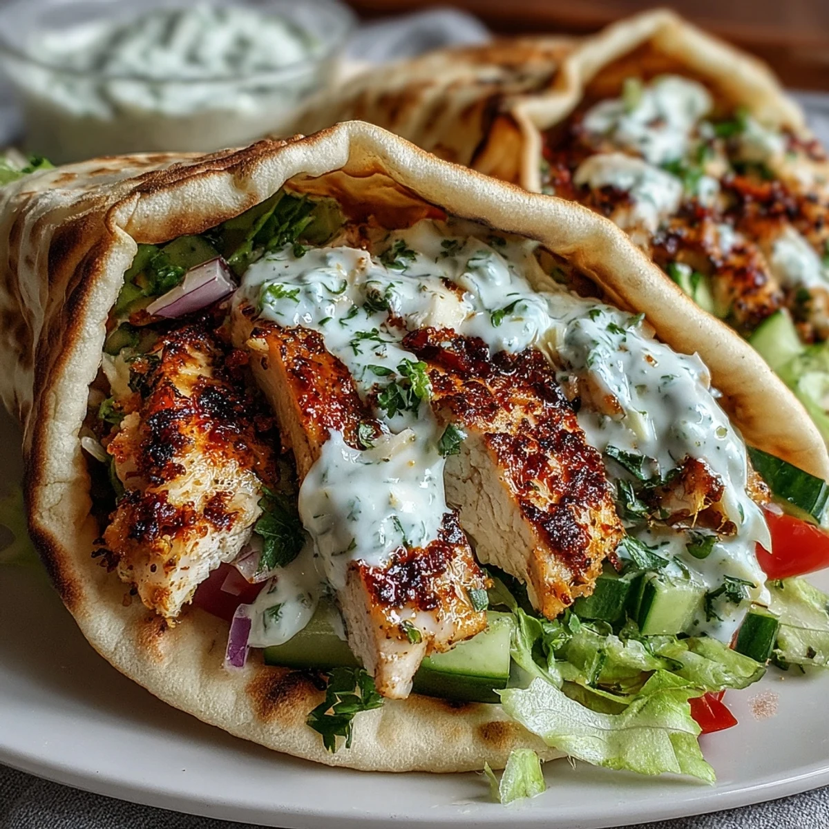Warm pita pockets stuffed with tender grilled Greek chicken, diced cucumber, and tomato salad with yogurt sauce. 