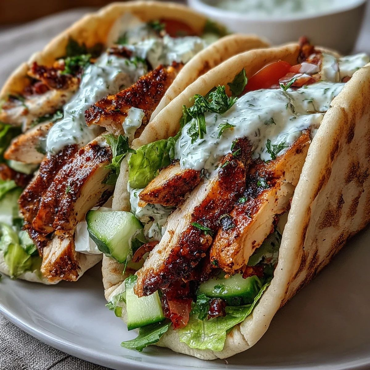 Juicy Greek chicken pita pockets filled with crunchy salad, served on a bright white plate.