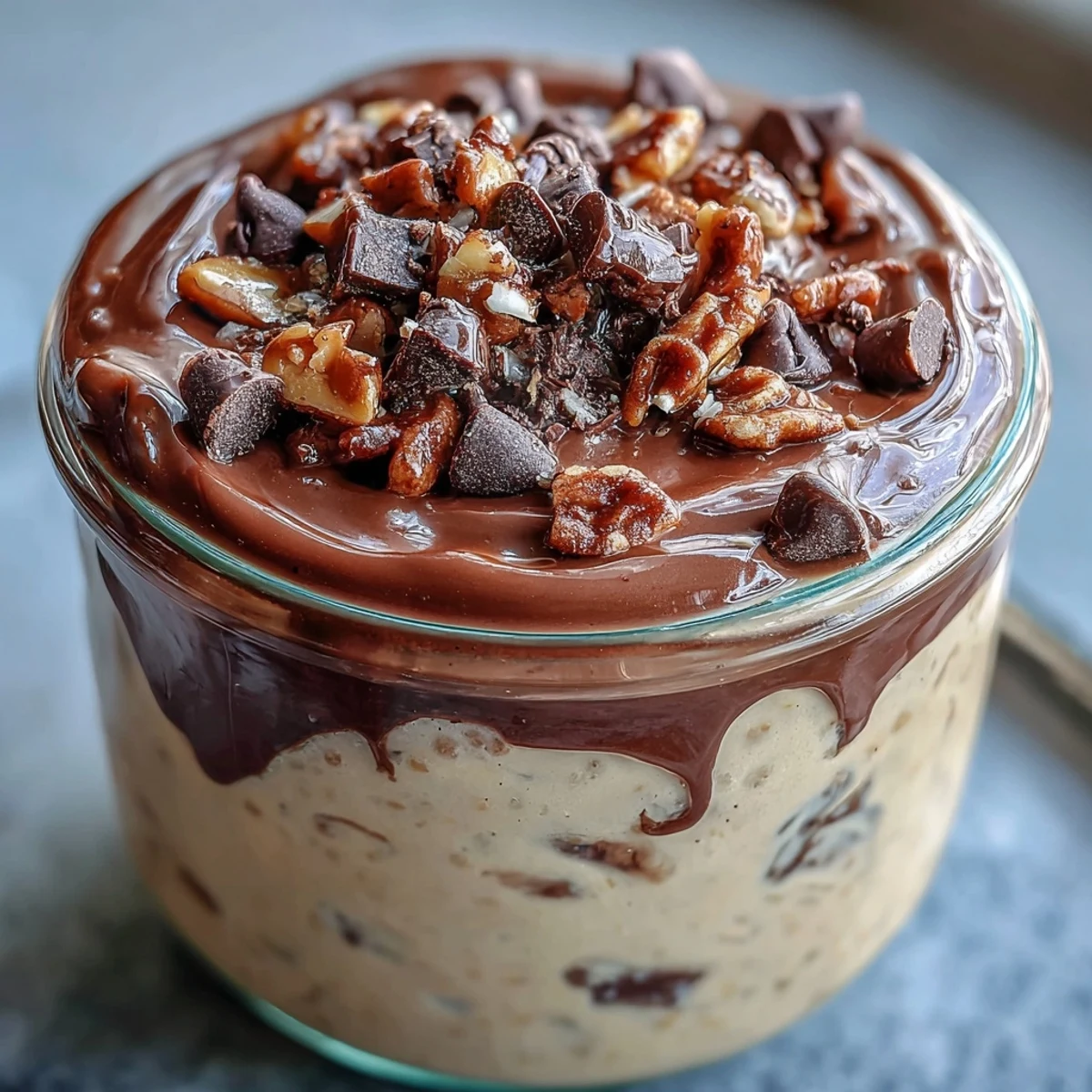 This thick and creamy peanut butter cup overnight oats breakfast is topped with mini chocolate chips and served chilled in glass jars.