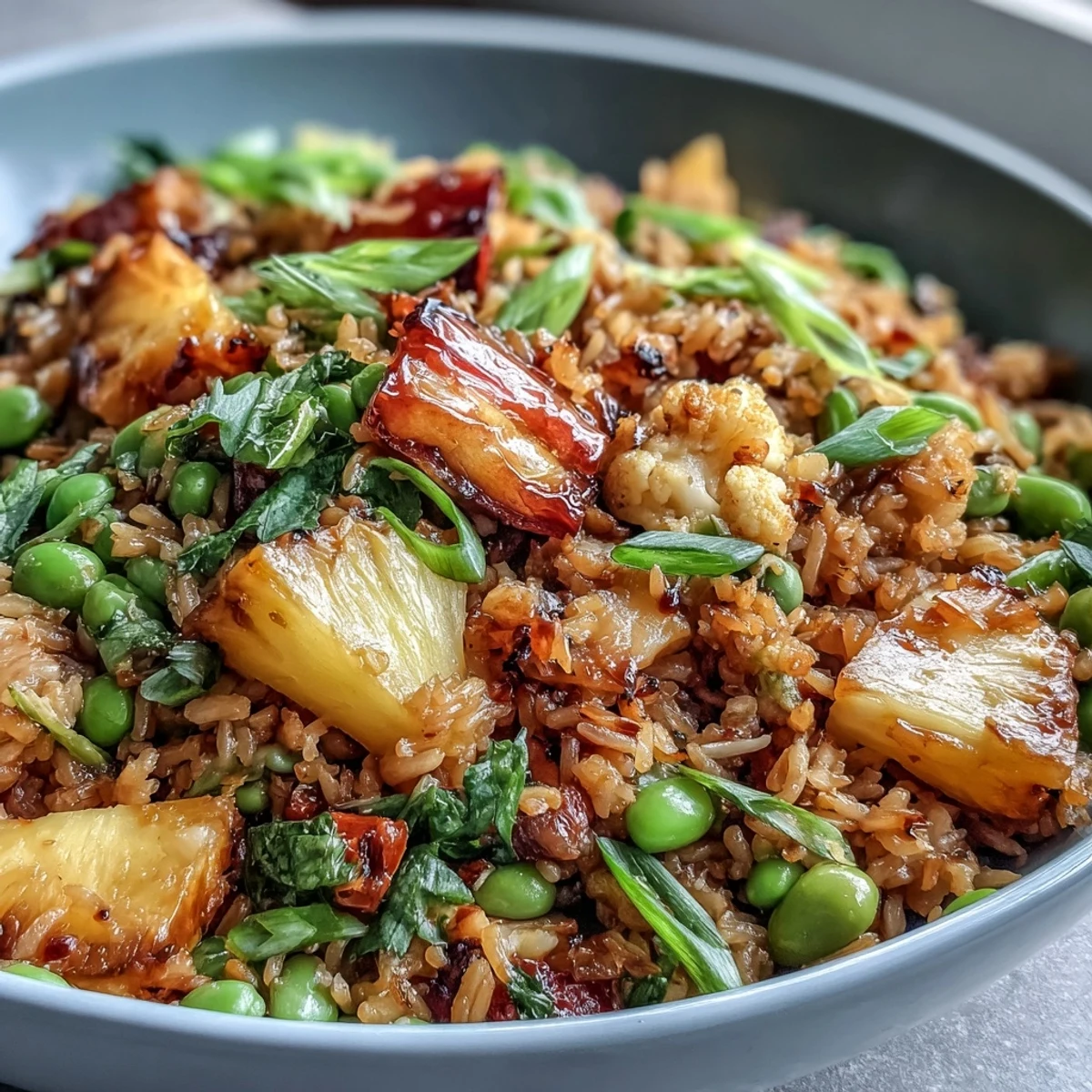 Vibrant vegan pineapple fried rice with cauliflower and edamame, featuring colorful vegetables and juicy pineapple chunks in a savory Asian-inspired sauce.  