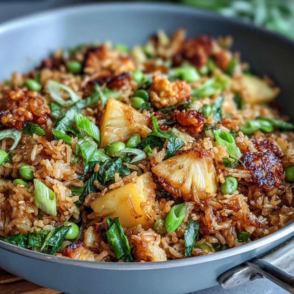 Bright and flavorful vegan pineapple fried rice with riced cauliflower, fresh vegetables, and crunchy cashews, perfect for quick weeknight dinners.
