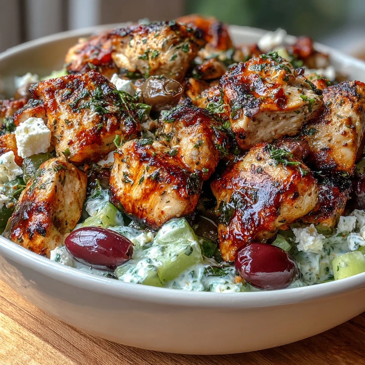 A colorful Greek chicken souvlaki bowl with grilled marinated chicken, fresh veggies, and creamy tzatziki over rice.  