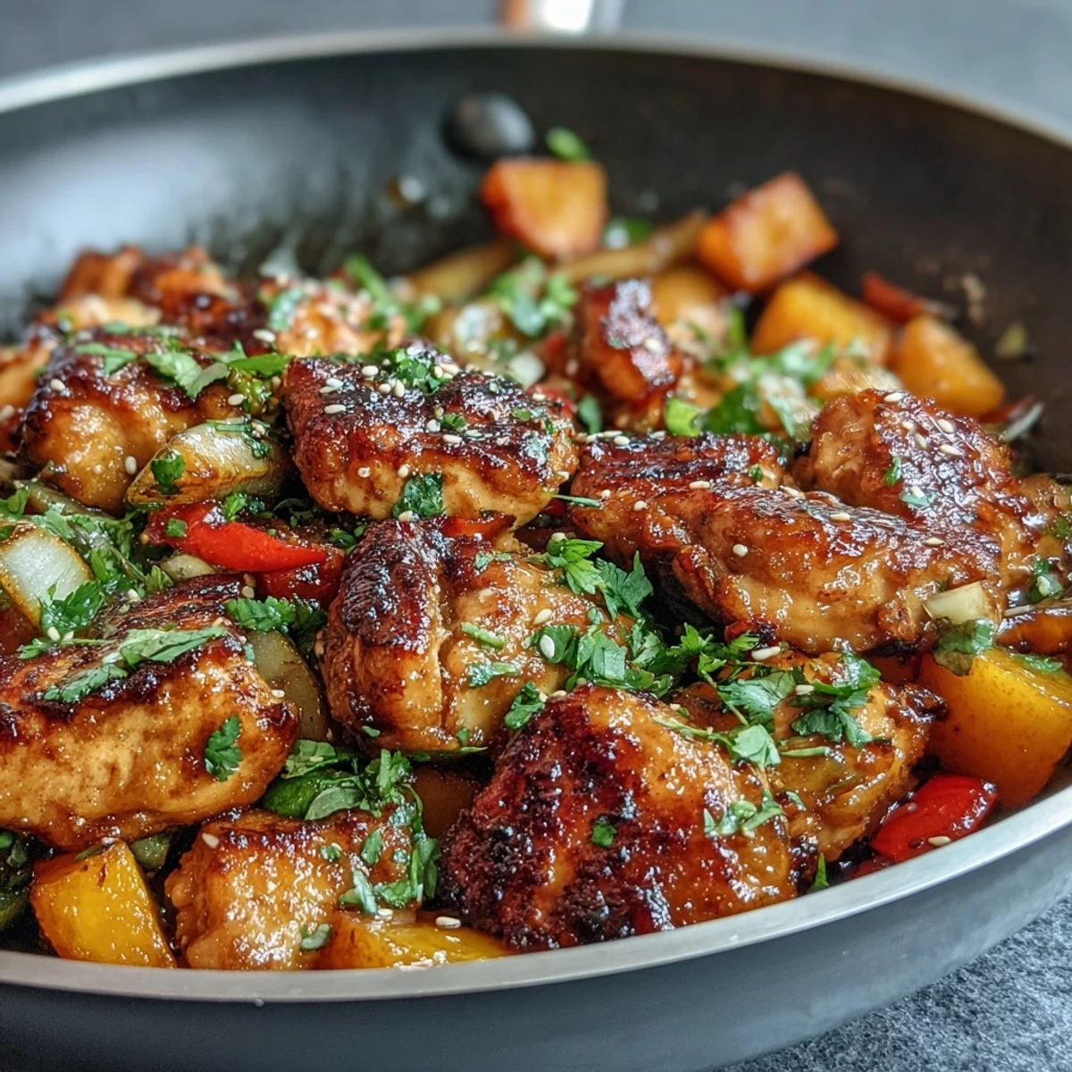 Vibrant mango turmeric chicken stir-fry with snap peas and peppers in a golden sauce.  