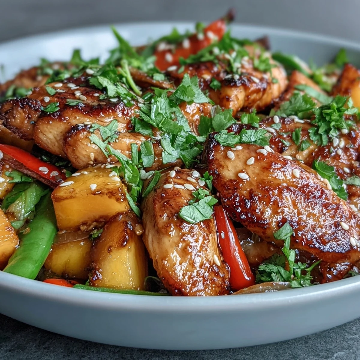 Aromatic chicken stir-fry featuring juicy mango, crisp snap peas, and colorful peppers.  
